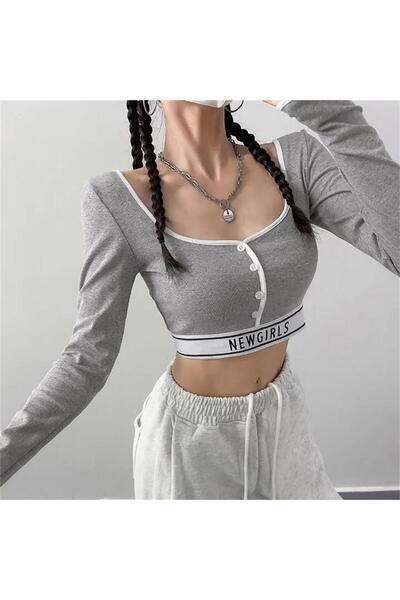 Karakedi Gray Melange Buttoned White Stripe Newgirls Long Sleeve Crop