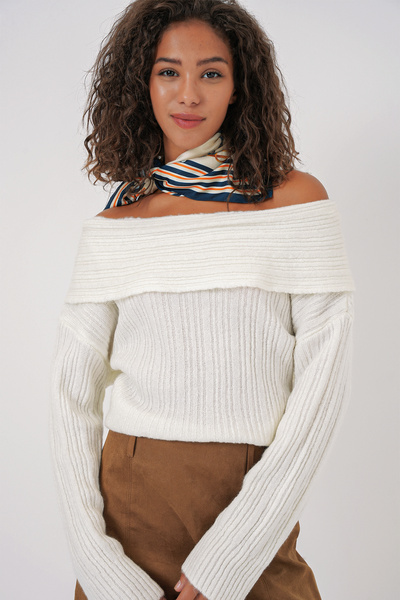 Bigdart 15908 Γυναικείο Ανοιχτό Ώμο Oversize Πλέκτο Κατάστημα - Λευκό