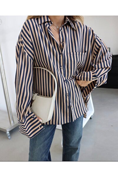 Fast Perry оверсайз сорочка з смужками кольору верблюжої шерсті