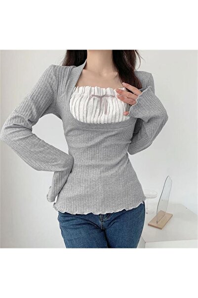 Karakedi Gray Melange Spanish Sleeve Ribbon Lace Collar Long Sleeve Crop
