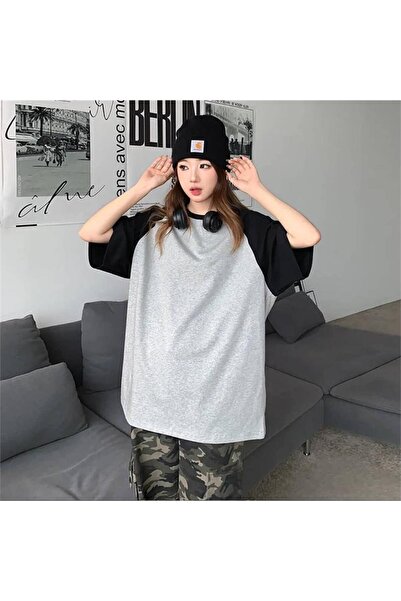 Karakedi Tricou unisex negru cu mânecă raglan, gri Melange