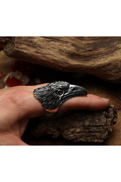 Sima Silver Gumus? Tasarım Oksitli Kartal Başı Figürlü Garnet Taşlı Okçu Zihgir Otantik Erkek Yüzük