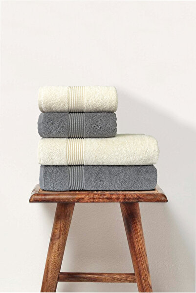 Ellaline Набір з 4 рушників для ванної кімнати, 100% бавовна, сертифікована, для тіла та голови | Весільний набір 50x90 - 70x140 Кремовий - Сірий