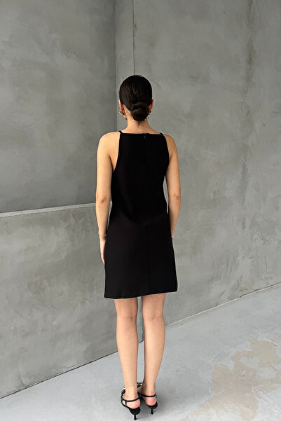 Seda Yalçın Atelier Black Boat Neck Sling Short Dress