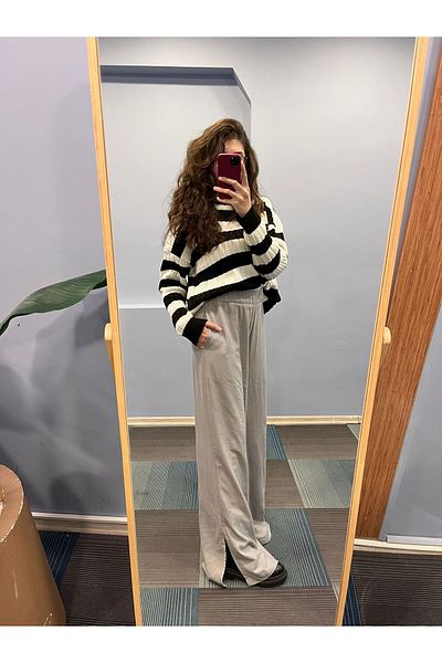 OUZ Fashion Women's Elastic Waist Slit Detailed Wide Leg Linen Trousers