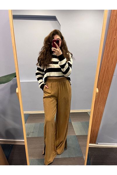 OUZ Fashion Women's Elastic Waist Slit Detailed Wide Leg Linen Trousers