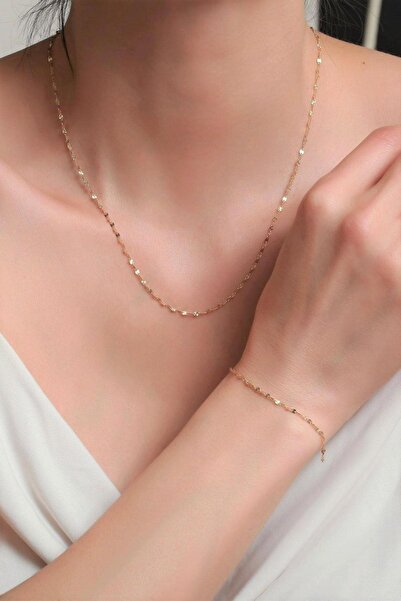 Bayar Gold 14 Ayar Altın Kalın Aynalı Kolye ve Bileklik Seti 1,8 mm