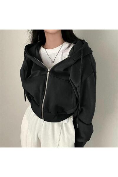 Karakedi سترة قصيرة بغطاء للرأس من القماش السميك باللون الأسود