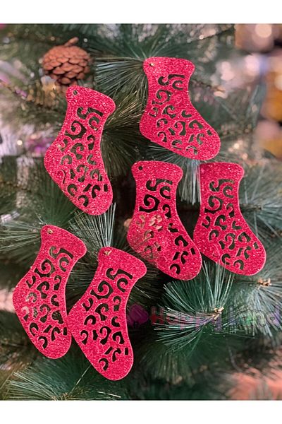 Happyland New Year's Red Glitter Pine Tree Ornament Socks - 6 Pieces 10 cm