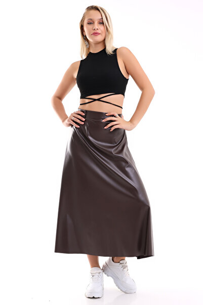 winmoda Long Skirt Faux Leather Flared Model WITH BELT