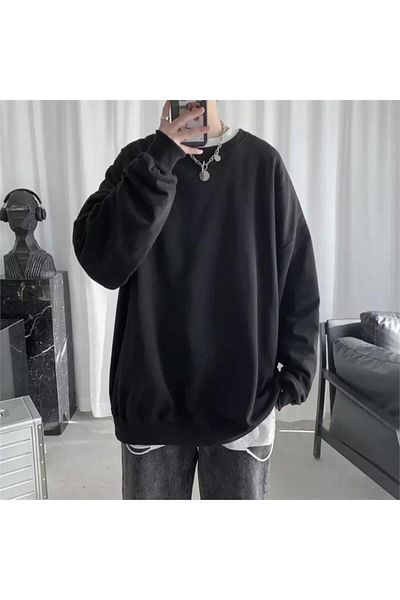 Karakedi Oversize Plain Black Medium Thick Fabric Unisex Long Sleeve