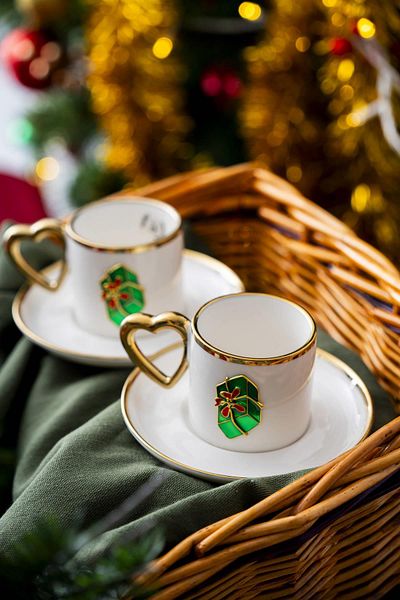 ACAR Limoges New Year's Green Gift Box Coffee Cup Set for 2 People - 90 ml