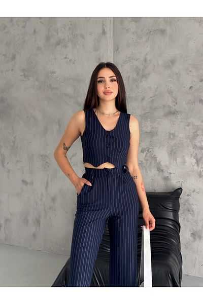 BlueTex Women's Navy Blue Palazzo Trousers Buttoned Short Crop Vest Double Striped Set