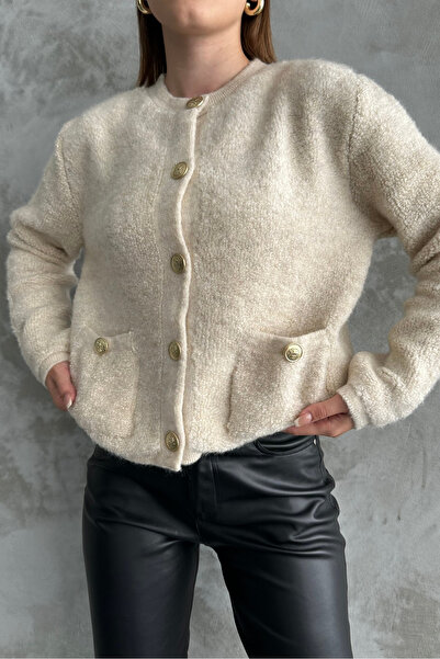 macharel jeans Ζακέτα με κρεμ πλεκτή πλεκτή τσέπη με κουμπιά