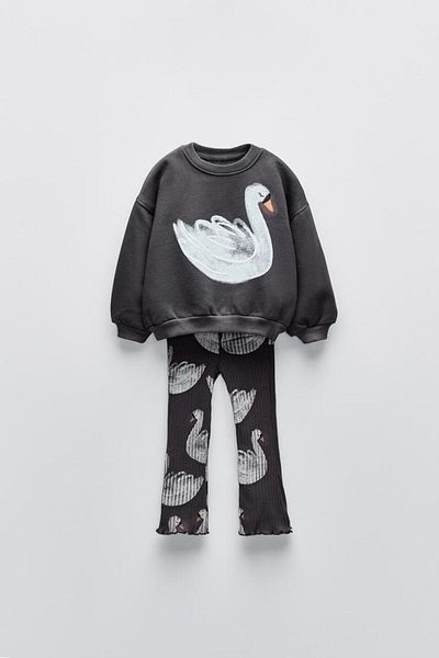 lilnest New Season Girl's 3 Thread Cotton Fabric Swan Printed Sweatshirt and Leggings Bottom Top Set
