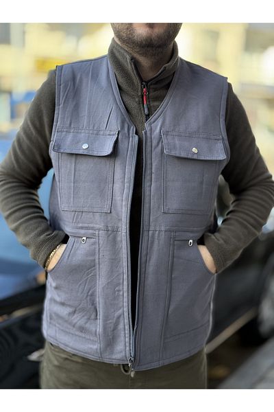 DostumGiyim Men's Multi-Pocket Winter Felted Vest with Fleece Inside Thermal Dad Vest
