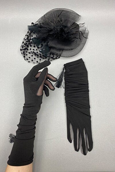 Hobigram Siyah Puantiyeli Nikah Şapkası Vualet Ve Siyah Uzun Püsküllü Gelin E...