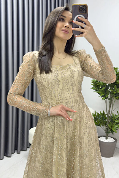 thezkscom Γυναικείο βραδινό φόρεμα με τετράγωνο λαιμόκοψη με ασημί κέντημα σε χρώμα ινδικό, μωβ, πούδρα, χρυσό