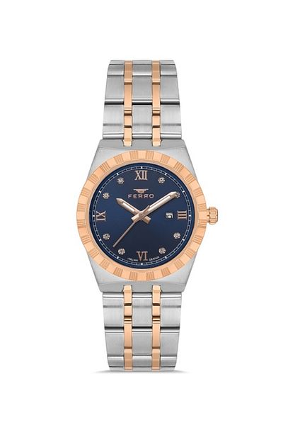 FERRO Quartz Steel Rose/Gray Navy Blue Dial 32 mm Women's Wristwatch (with Bracelet Gift)