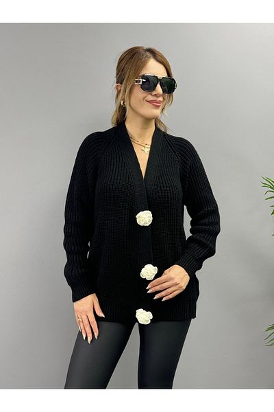 MODAMLABUTİK Cardigan tricotat cu nasturi Hily Black Rose