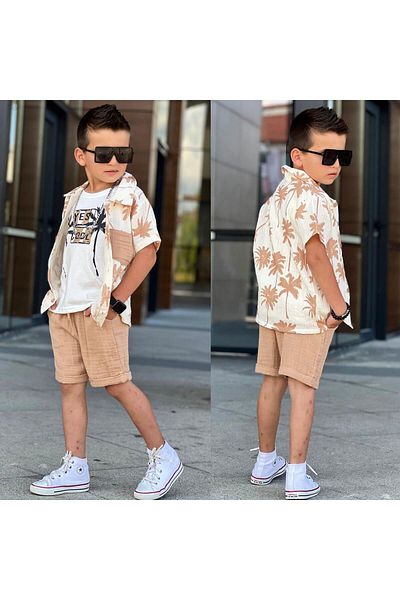 RAPAPA Boy's Shorts Set - Muslin Palm, 3 Pieces, Bottom Top Set 11613