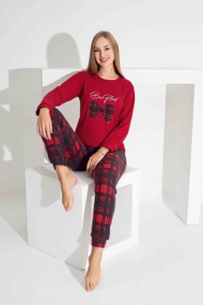 Tarık Women's Red Plaid Pattern Mother Daughter Combination Thermal Cloth Winter Warm Sleepwear Set