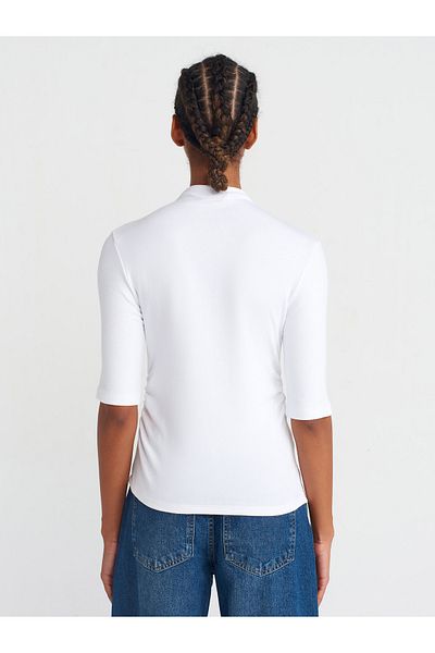 Dilvin 31470 Stand Collar Drawstring T-Shirt-White
