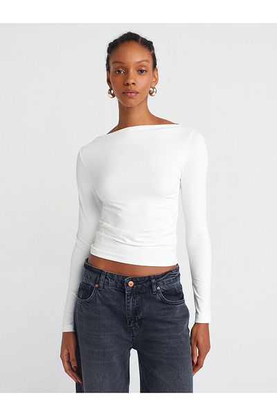 Dilvin 31415 Ecru Asymmetrical Long Sleeve T-Shirt
