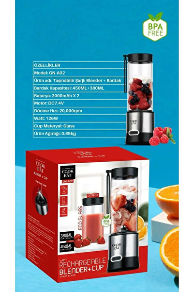 Asfal Çelik Bıçaklı Şarjlı 450 ml + 350 ml Bardaklı El Blender Shake Smoothie Buz Kırıcı Blender