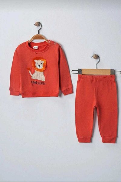 dinamik çocuk King Leon Lion Patterned Baby Set - Waffle Fabric, 3-12 Ayamış, 2-Piece Bottom-Top Set