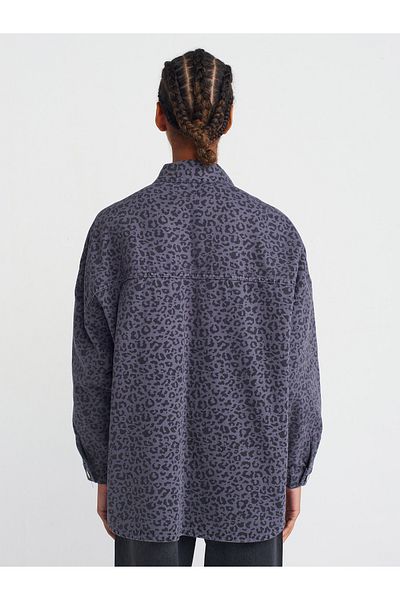 Dilvin 50748 Gray Leopard Print Oversize Denim Shirt