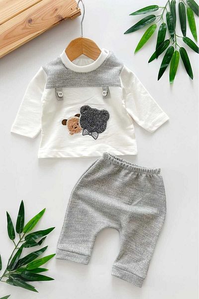 dinamik çocuk 100% Cotton Seasonal Suit for Baby Boy - 2-Piece Bottom and Top Set, Embroidered Long Sleeve, Shoulder Snap 0-3-6-9 Months