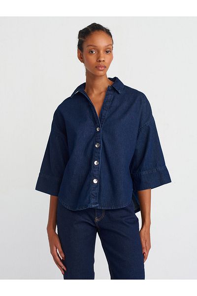 Dilvin 50747 Open Collar Half Sleeve Denim Shirt-Navy