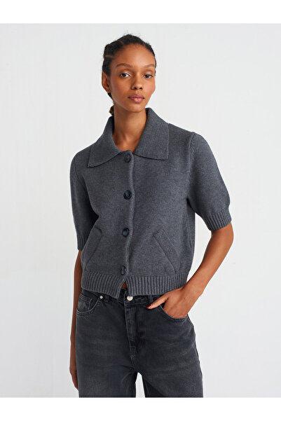 Dilvin 60285 Polo Neck Smoked Knitwear Cardigan with Buttons and Pockets