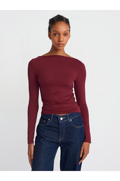 Dilvin 31415 Long Sleeve Asymmetrical T-Shirt-Burgundy