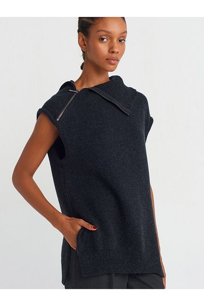 Dilvin 10667 Model Anthracite Knitwear Sweater - Zippered Collar