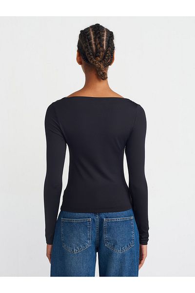 Dilvin 31415 Long Sleeve Asymmetrical T-Shirt-Black