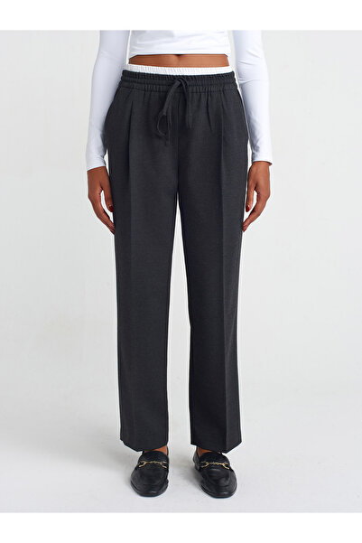 Dilvin 71582 Double Waistband Wide Leg Trousers-Anthracite