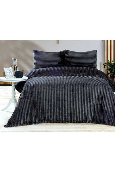 BALADI HOME High Quality Anthracite Rabbit Plush Blanket - Double, Set 3 Pieces, 2 Pillows