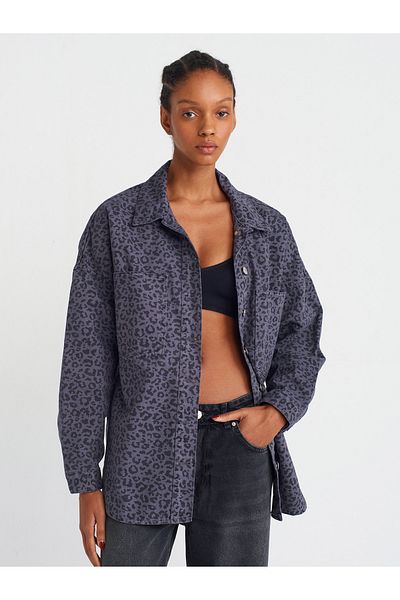 Dilvin 50748 Gray Leopard Print Oversize Denim Shirt