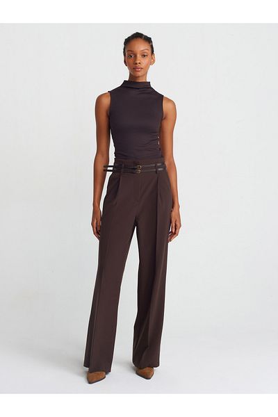Dilvin 71526 Model Brown Trousers with High Waist and Belt