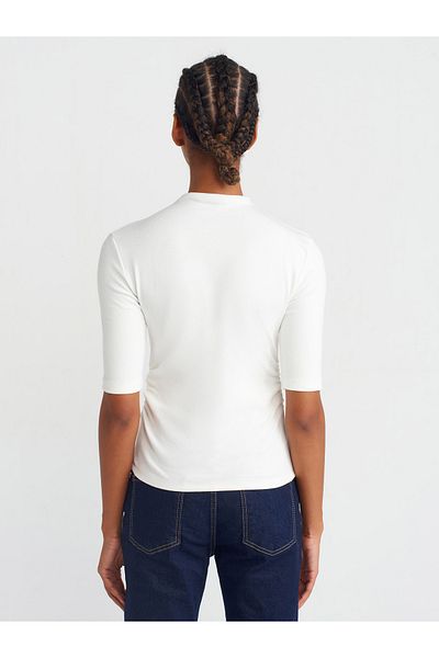 Dilvin 31470 Ecru Stand Collar Shirred T-Shirt