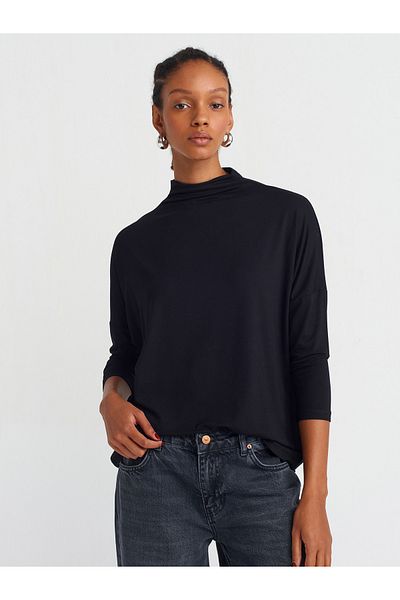 Dilvin 31468 Stand Collar Viscose Top-Black