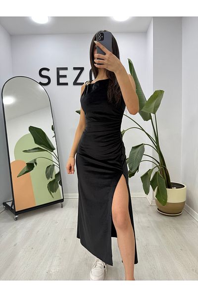 SEZON MAGAZALARI Γυναικείο βελούδινο φόρεμα με λεπτομέρεια με αγκράφα