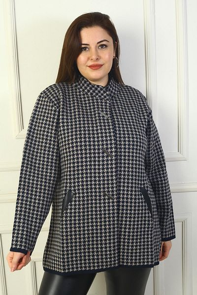 By Saygı Women's Front Snap Pockets Leather Detailed Houndstooth Large Size Acrylic Cardigan