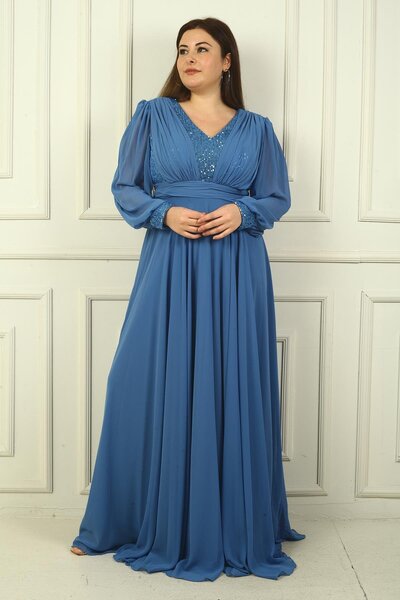 By Saygı فستان سهرة طويل من الشيفون للنساء من الأمام والخلف ورقبة على شكل حرف V مع بطانة من الترتر مقاس كبير