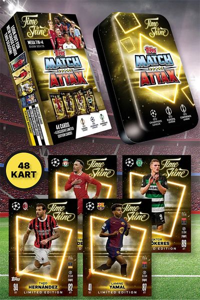 TOYFEST Topps Match Attax 24-25 Uefa Metal Boxed Footballer Cards Mega Tin Box - 48 Cards (Yellow Boxed)
