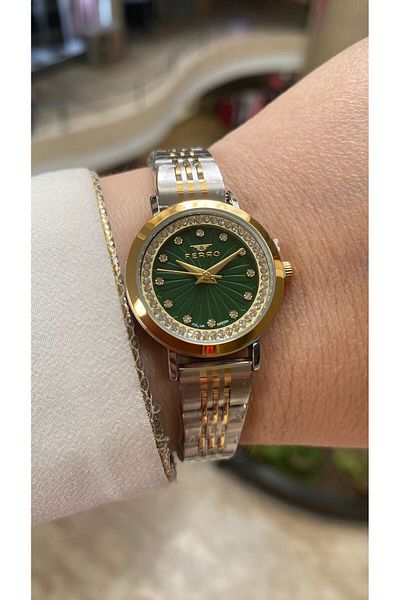 FERRO Quartz Steel Gold/Grey Green Dial 21 mm Women's Wristwatch