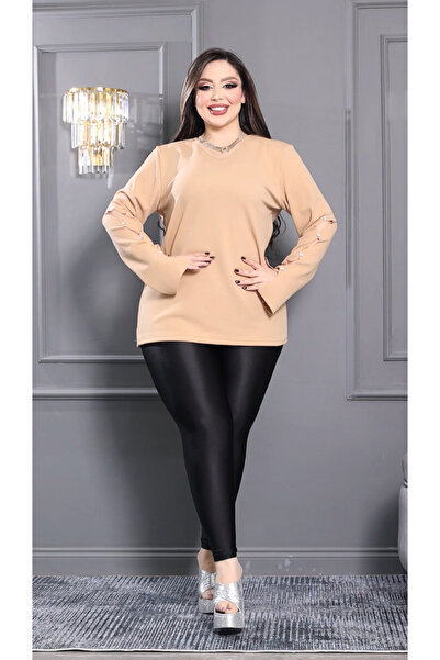HÜLYA BUTİK Plus Size Women's Mink V-Neck Sleeve United Blouse with Stones