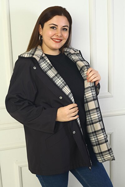 By Saygı Women's Front Snap Zippered Hooded Large Size Trench Coat Coat